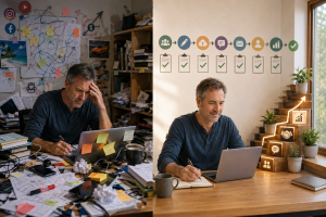 Mature internet marketer choosing a simple consistent weekly routine instead of chasing confusing new tools and opportunities.
