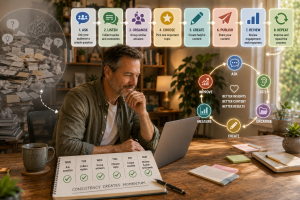 Mature beginner following a weekly market research routine to ask questions, collect answers, create content, and improve results.
