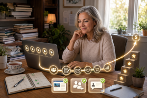 Mature beginner watching five free videos and turning online business lessons into practical action.