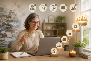 5130826 Senior beginner following a simple weekly online marketing routine to build steady progress.
