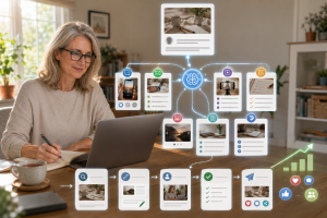 Mature beginner marketer using AI to turn one original article into multiple edited and personalised content assets.
