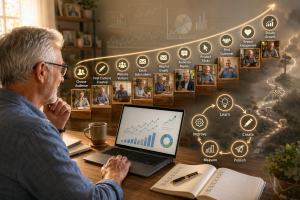 Mature beginner building internet marketing success through small repeated actions, learning, email subscribers, customers, and steady growth.
