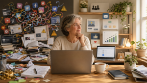 Mature beginner identifying online business mistakes and choosing a clearer path towards steady growth.
