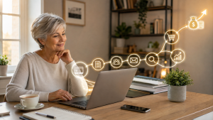 ahead130826 Mature beginner learning online marketing for seniors from a laptop at home.