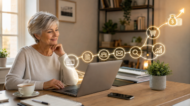 Mature beginner learning online marketing for seniors from a laptop at home.