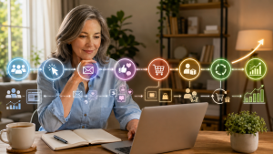 ahead150826 Mature beginner reviewing marketing metrics for website traffic, leads, email engagement, conversions and sales