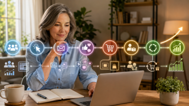 Mature beginner reviewing marketing metrics for website traffic, leads, email engagement, conversions and sales