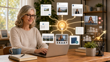 Mature beginner marketer turning one content idea into social posts, videos, emails, checklists and other marketing assets.