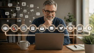 Mature beginner marketer building a connected marketing system from traffic and content to leads, email follow-up, customers, and growth.