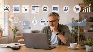 Mature beginner reviewing paid advertising fundamentals and campaign performance on a laptop.