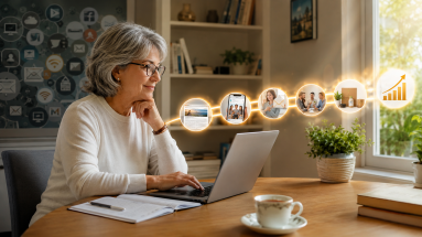 Mature retiree learning internet marketing through a simple path from content and email subscribers to trust and online income.