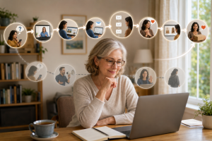 Simple internet marketing journey from audience question to helpful content, trust, recommendation, and customer.
