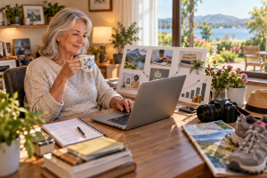 Mature beginner discovering the benefits of internet marketing for seniors from a home office.
