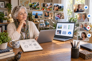 1240926 Mature retiree using a laptop to explore online income opportunities from home.