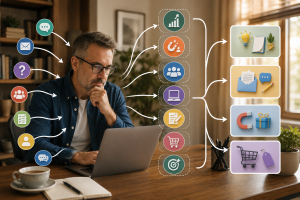 2050926 Mature marketer researching audience questions and turning customer problems into useful marketing content.