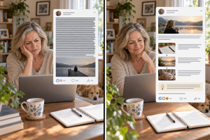 Mature marketer improving Facebook engagement with personal stories and easy-to-read posts.