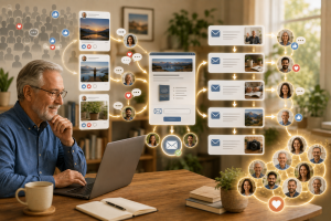 Senior marketer using social media and email to build trust with an engaged online audience.
