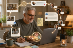 Internet marketer building trust online by answering questions, engaging with followers, and creating helpful conversations.