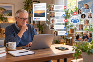 Mature internet marketer replying to comments and building stronger Facebook community relationships.
