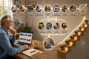 Internet marketing journey from helpful content and audience trust to customers and steady online income.