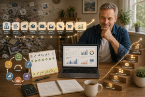 5050926 Mature beginner reviewing a simple weekly marketing system that tracks leads, engagement, conversions and steady growth.