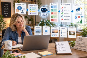 5150926 Mature marketer using AI with content creation frameworks while reviewing and personalising every draft.