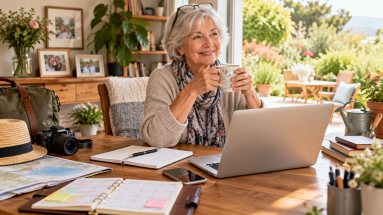Mature retiree enjoying the flexibility of running an online business from home.