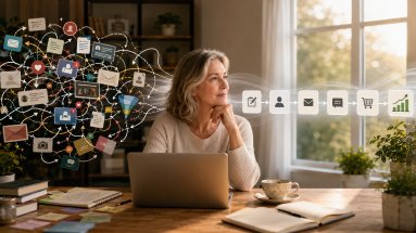 Mature beginner marketer comparing an overwhelming marketing setup with a simpler organised marketing system.