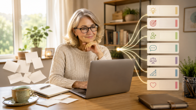 Mature beginner marketer using content creation frameworks to turn a blank screen into organised content ideas.