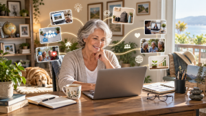 Mature beginner discovering the benefits of internet marketing for seniors from a home office.