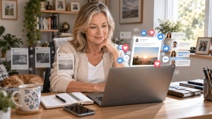 Mature beginner internet marketer creating Facebook content designed to increase audience engagement.