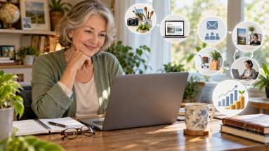 Mature retiree using a laptop to explore online income opportunities from home.