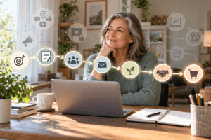 Beginner marketer focusing on one clear digital marketing goal instead of many competing strategies.