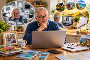 Retired beginner exploring affiliate marketing on his laptop, illustrating how buyer personas help identify customer goals and concerns.
