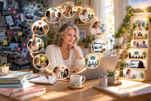 Mature beginner following a simple online relationship-building system from conversation to trust and business growth.