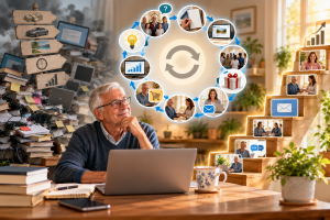 Mature beginner following a simple repeatable digital marketing system for steady online business growth.
