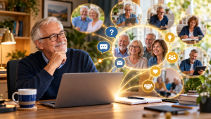 Mature online marketer identifying his target audience and connecting with interested beginners through helpful digital content.